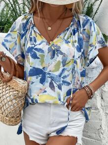 SHEIN VCAY Áo sơ mi nữ Thắt nơ trước Thực vật Tất cả trên in Boho - Màu xanh lam - Xem 6