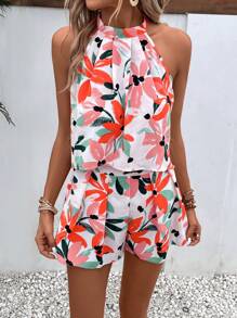 SHEIN VCAY Floral Print Halter Top & Shorts - Multicolor - View 3