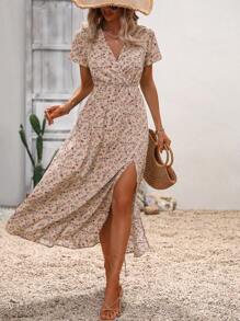 SHEIN LUNE Ditsy Floral Print Split Thigh Dress - Multicolor - View 1