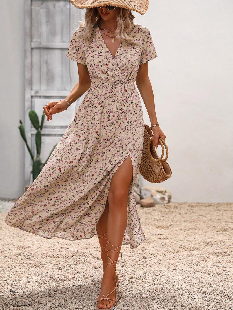 SHEIN LUNE Ditsy Floral Print Split Thigh Dress - Multicolor - View 1