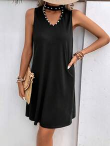 SHEIN Privé Pearls Beaded Choker Neck Tank Dress - Black - View 5