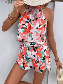 SHEIN VCAY Floral Print Halter Top & Shorts - Multicolor - View 4