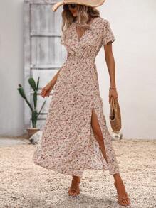 SHEIN LUNE Ditsy Floral Print Split Thigh Dress - Multicolor - View 3