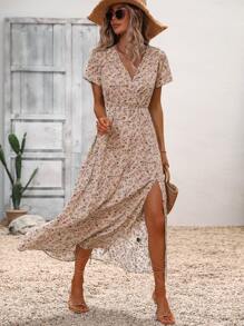 SHEIN LUNE Ditsy Floral Print Split Thigh Dress - Multicolor - View 5