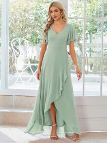 Váy phù dâu bằng vải voan xếp nếp tay cánh bướm, viền quấn, váy thanh lịch - Màu xanh Bạc hà - Xem 4