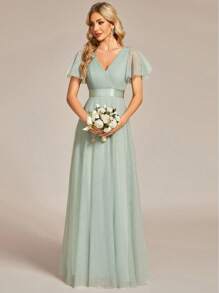 EVERPRETTY Fall Elegant V Neck Maxi A-Line Tulle Sage Green Bridesmaid Dress Wedding Guest Dress For Wedding Formal Event