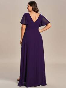 Plus Butterfly Sleeve Ruffle Trim Wrap Hem Chiffon Dress Elegant Bridesmaid Dress - Purple - View 4