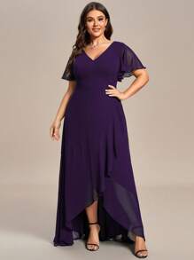 Plus Butterfly Sleeve Ruffle Trim Wrap Hem Chiffon Dress Elegant Bridesmaid Dress - Purple - View 5