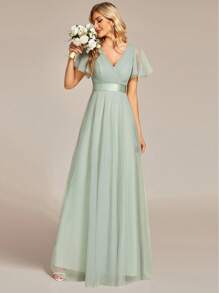 EVERPRETTY Fall Elegant V Neck Maxi A-Line Tulle Sage Green Bridesmaid Dress Wedding Guest Dress For Wedding Formal Event