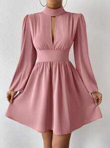 Chiquease 情人节女士心形图案扭结腰部中长连衣裙 - 藕粉色 - 查看 5