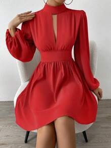 Chiquease 情人节女士心形图案扭结腰部中长连衣裙新年服装 - 紅色 - 查看 6