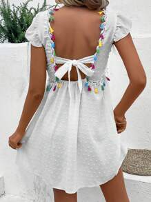 SHEIN VCAY Đầm Lộ Lưng mép Buộc lại màu trơn Boho - trắng - Xem 2