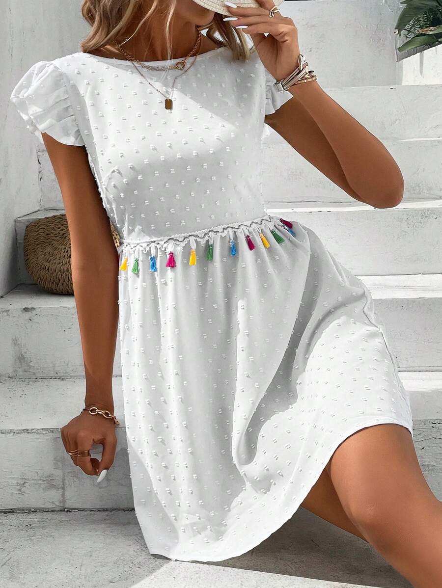 SHEIN VCAY Đầm Lộ Lưng mép Buộc lại màu trơn Boho - trắng - Xem 1