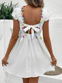 SHEIN VCAY Đầm Lộ Lưng mép Buộc lại màu trơn Boho - trắng - Xem 3