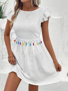 SHEIN VCAY Đầm Lộ Lưng mép Buộc lại màu trơn Boho - trắng - Xem 4