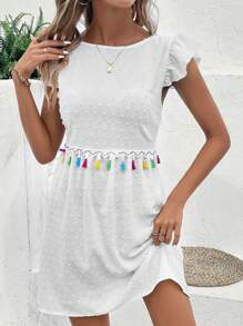 SHEIN VCAY Đầm Lộ Lưng mép Buộc lại màu trơn Boho - trắng - Xem 5