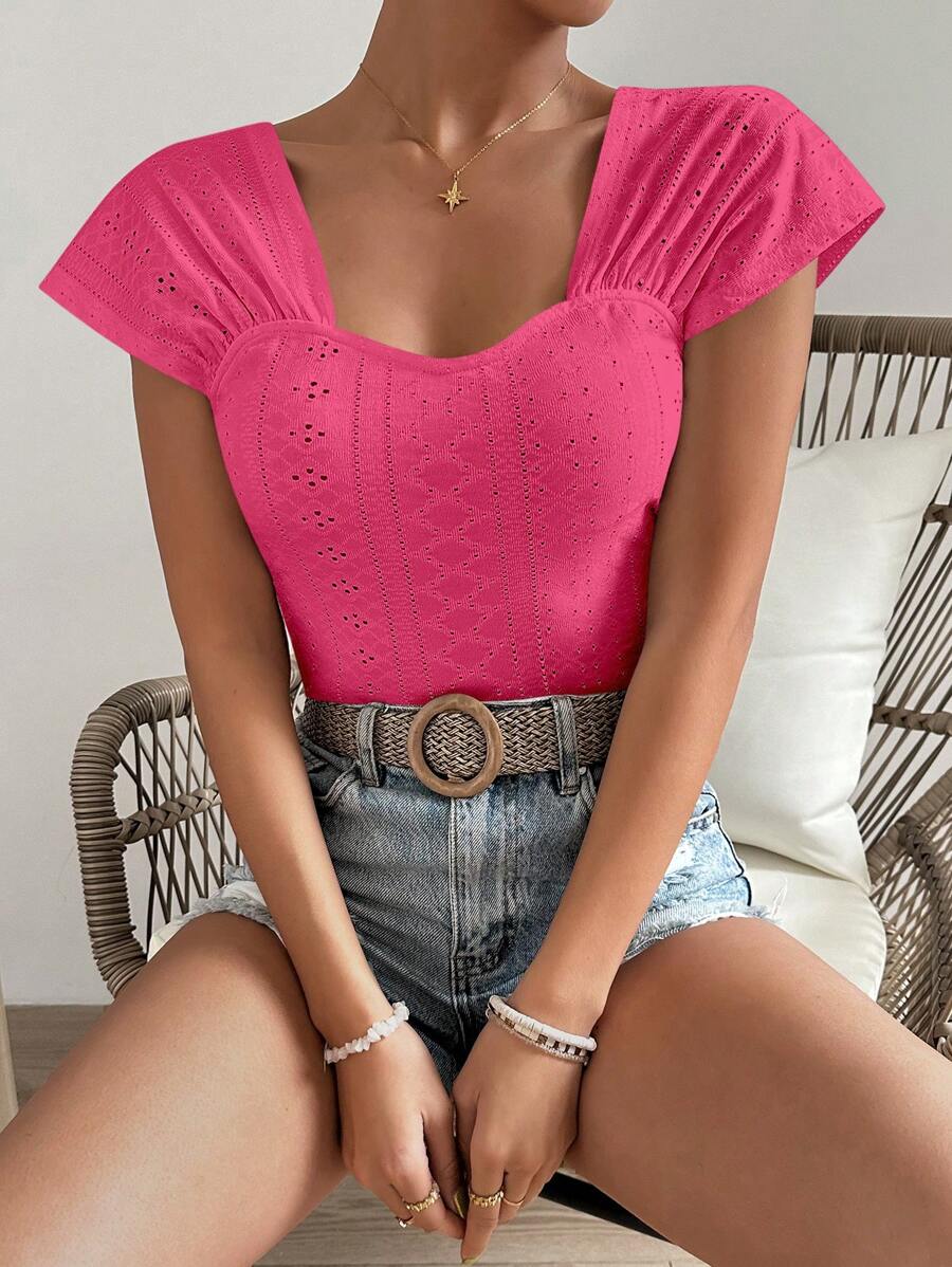 SHEIN VCAY 網眼刺繡雞心領口T恤 - 玫紅色 - 查看 1