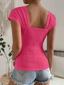 SHEIN VCAY 網眼刺繡雞心領口T恤 - 玫紅色 - 查看 2