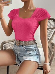 SHEIN VCAY 網眼刺繡雞心領口T恤 - 玫紅色 - 查看 3