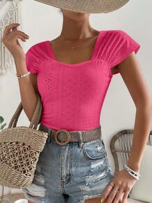 SHEIN VCAY 網眼刺繡雞心領口T恤 - 玫紅色 - 查看 4