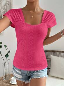 SHEIN VCAY 網眼刺繡雞心領口T恤 - 玫紅色 - 查看 5