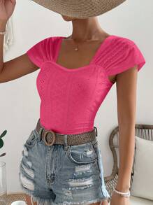 SHEIN VCAY 網眼刺繡雞心領口T恤 - 玫紅色 - 查看 6