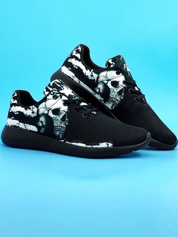 Zapatillas de correr ligeras y transpirables con estampado de calavera, barra y bandera americana de ocio para hombre