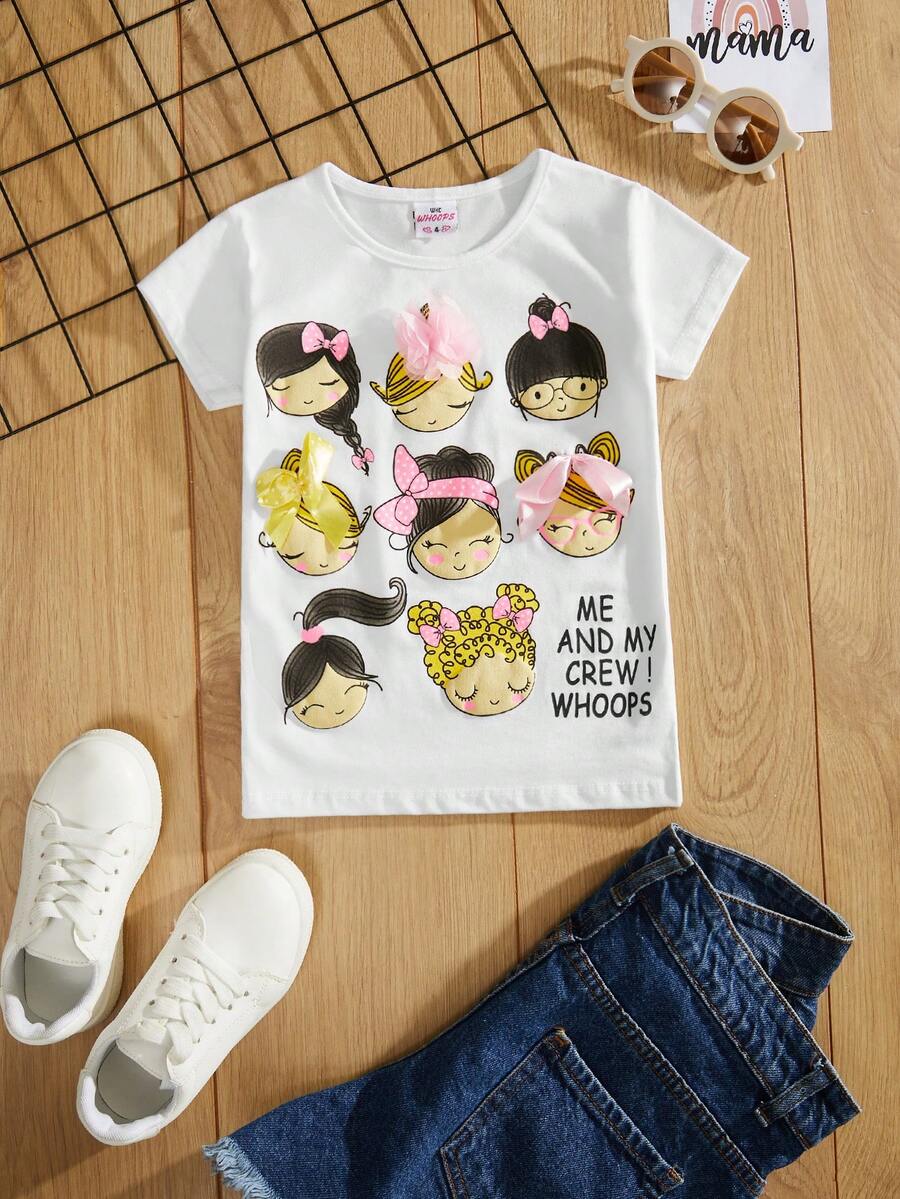 RueChic 小女童卡通女孩和標語圖案T恤