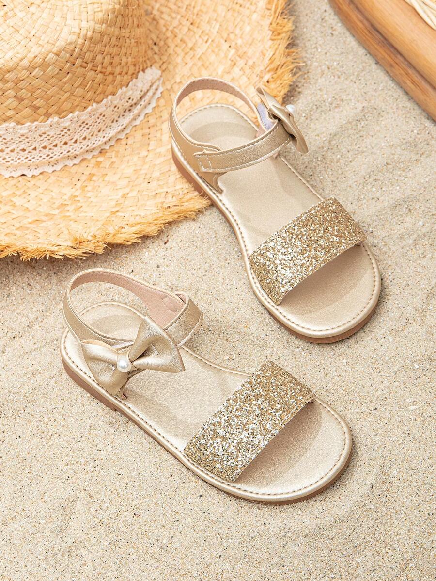 女孩亮片細節蝴蝶結和人造珍珠裝飾踝帶涼鞋 - 金色 - 查看 1