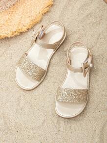 女孩亮片細節蝴蝶結和人造珍珠裝飾踝帶涼鞋 - 金色 - 查看 2