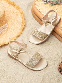 女孩亮片細節蝴蝶結和人造珍珠裝飾踝帶涼鞋 - 金色 - 查看 3