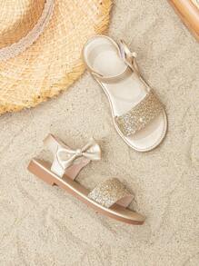 女孩亮片細節蝴蝶結和人造珍珠裝飾踝帶涼鞋 - 金色 - 查看 5