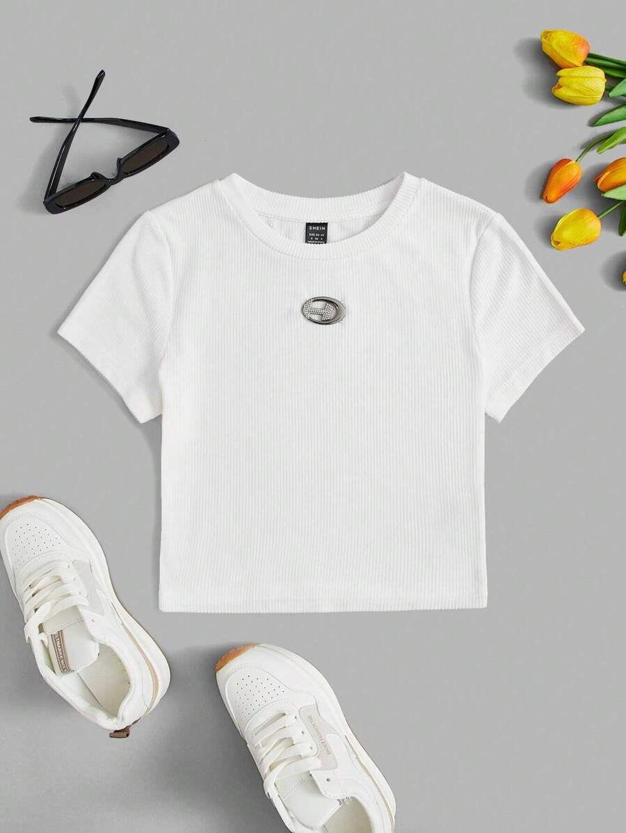 SHEIN EZwear Áo thun nữ Đắp vá Gân đan Lá thư Giải trí - trắng - Xem 1