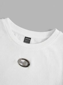 SHEIN EZwear Áo thun nữ Đắp vá Gân đan Lá thư Giải trí - trắng - Xem 3