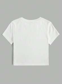 SHEIN EZwear Áo thun nữ Đắp vá Gân đan Lá thư Giải trí - trắng - Xem 4