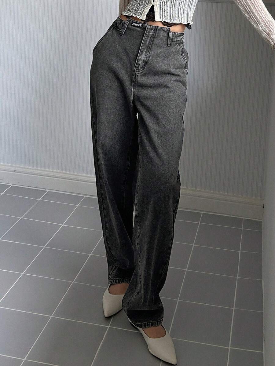 Dazy Designer High Waist Straight Leg Jeans - Dark Grey - View 1