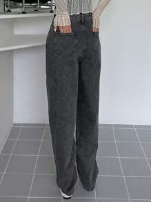 Dazy Designer High Waist Straight Leg Jeans - Dark Grey - View 2