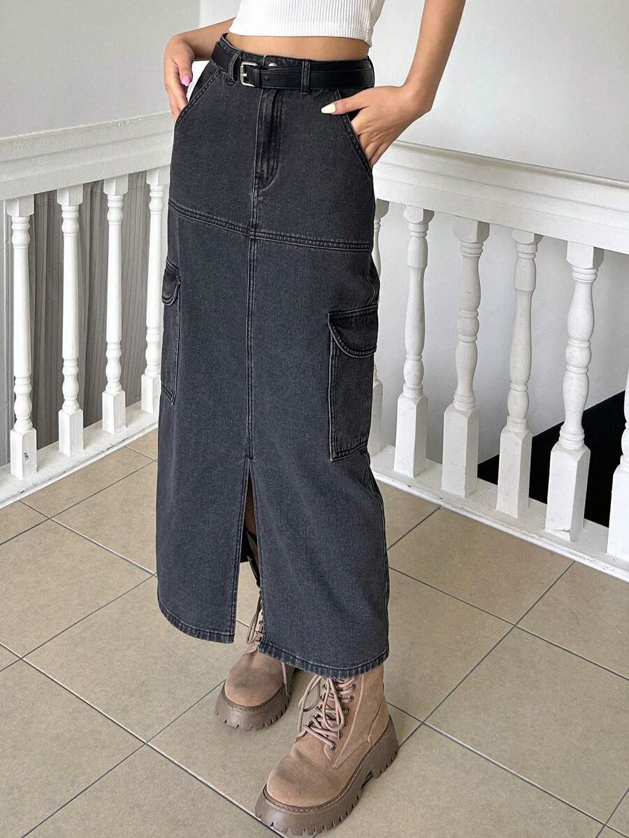 Dazy Designer 高腰翻蓋口袋下擺開叉牛仔半身裙 - 黑色 - 查看 1