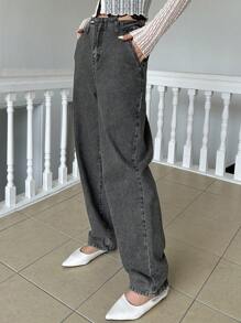 Dazy Designer High Waist Straight Leg Jeans - Dark Grey - View 3