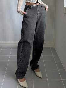 Dazy Designer High Waist Straight Leg Jeans - Dark Grey - View 4