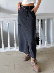 Dazy Designer 高腰翻蓋口袋下擺開叉牛仔半身裙 - 黑色 - 查看 3