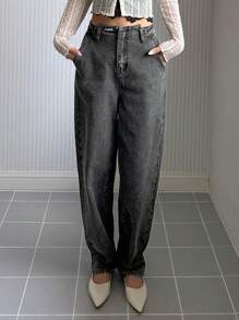 Dazy Designer High Waist Straight Leg Jeans - Dark Grey - View 6