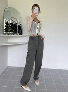 Dazy Designer High Waist Straight Leg Jeans - Dark Grey - View 7