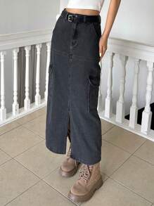 Dazy Designer 高腰翻蓋口袋下擺開叉牛仔半身裙 - 黑色 - 查看 5