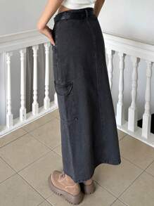 Dazy Designer 高腰翻蓋口袋下擺開叉牛仔半身裙 - 黑色 - 查看 7