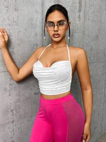 SHEIN SXY Áo khoác và áo lót dành cho xe tăng nữ Lộ Lưng Vắt Ngọc trai Xù Buộc lại màu trơn Gợi cảm - trắng - Xem 4