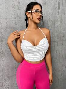 SHEIN SXY Áo khoác và áo lót dành cho xe tăng nữ Lộ Lưng Vắt Ngọc trai Xù Buộc lại màu trơn Gợi cảm - trắng - Xem 1