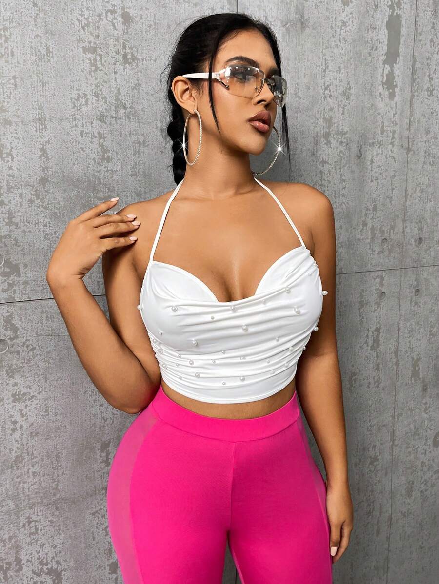 SHEIN SXY Áo khoác và áo lót dành cho xe tăng nữ Lộ Lưng Vắt Ngọc trai Xù Buộc lại màu trơn Gợi cảm - trắng - Xem 1