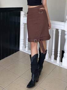 Dazy Designer 镂空扣饰直筒裙、铅笔裙秋季半身裙 - 咖啡棕 - 查看 3