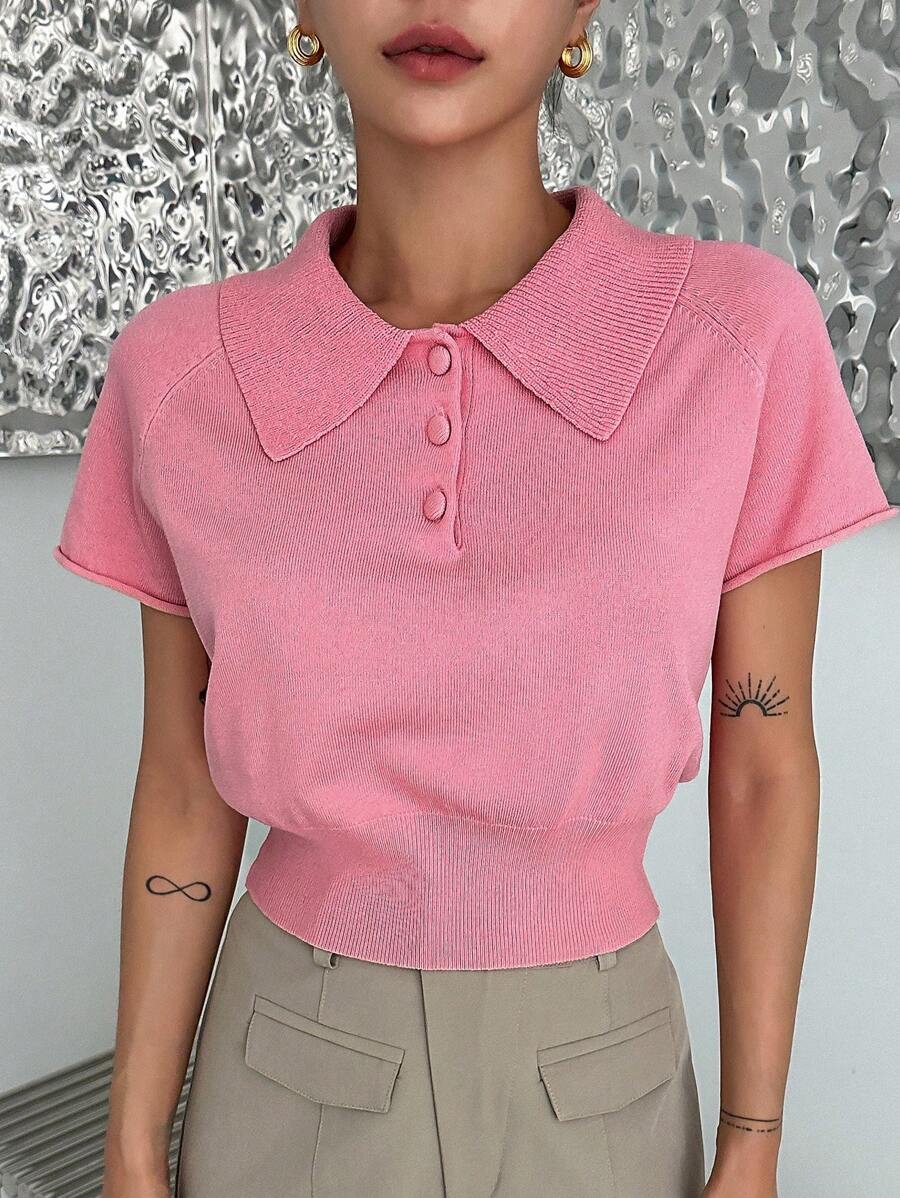 Dazy Designer Polo領插肩袖針織上衣 - 粉色 - 查看 1